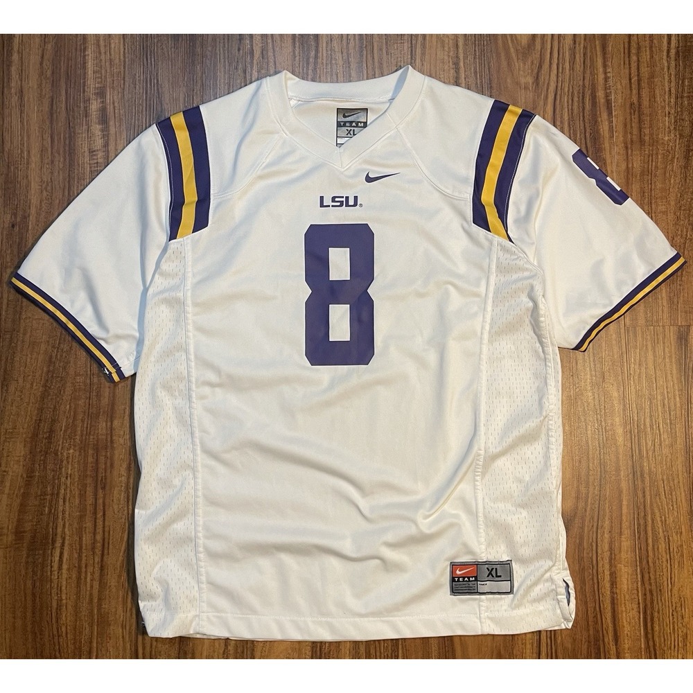 Nike LSU Tigers Football Jersey Mens XL White Purple Gold Number 8 NCAA Fan Gear